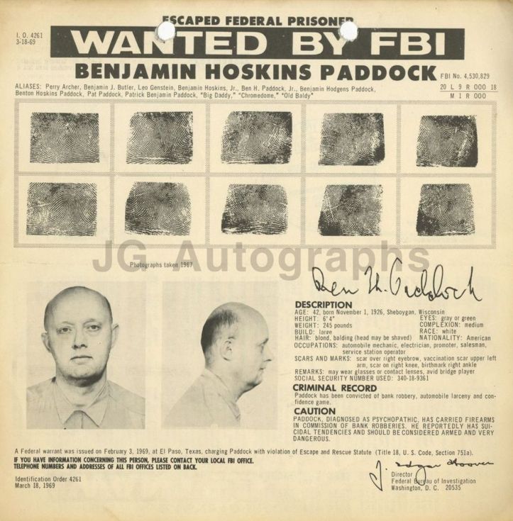 Benjamin Paddock - Wanted - FBI- Hold-up - Banque - 1969